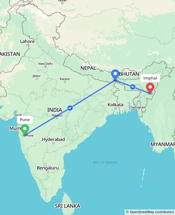 Route map showing distance and travel time from Pune, India to Imphal, India
