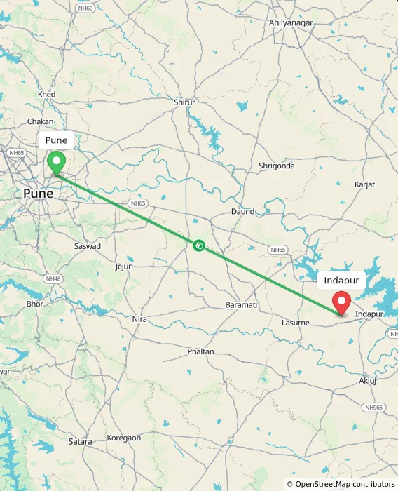 Route map showing distance and travel time from Pune, India to Indapur, India