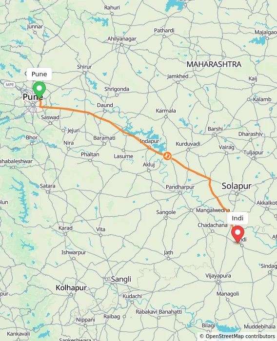 Route map showing distance and travel time from Pune, India to Indi, India
