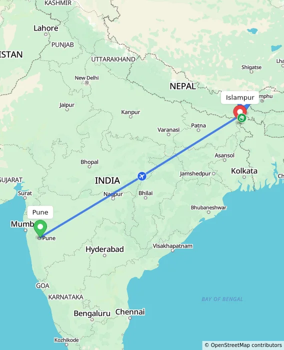 Route map showing distance and travel time from Pune, India to Islampur, India
