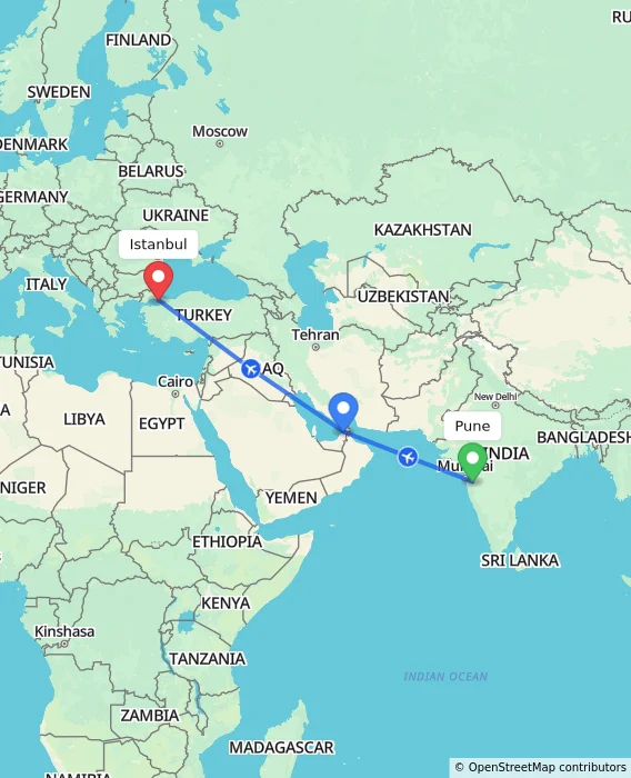 Route map showing distance and travel time from Pune, India to Istanbul, Turkey