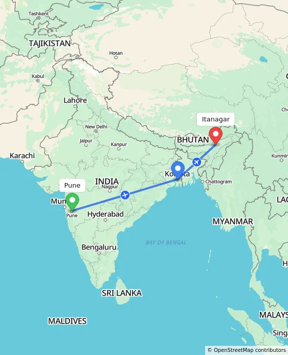 Route map showing distance and travel time from Pune, India to Itanagar, India