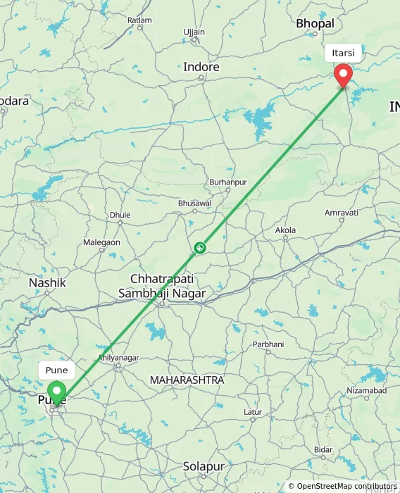 Route map showing distance and travel time from Pune, India to Itarsi, India
