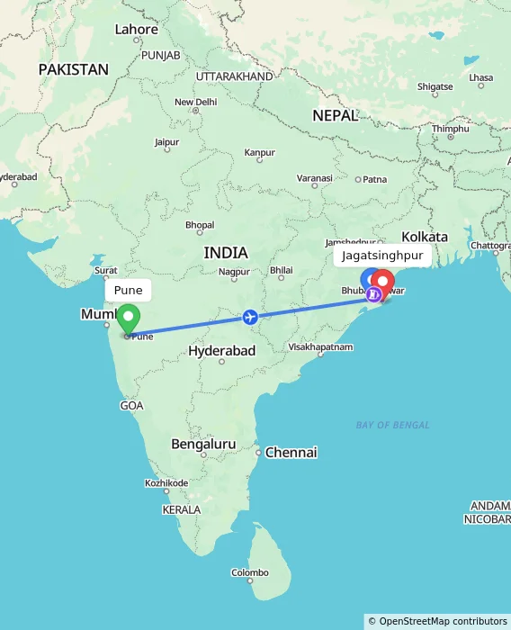 Route map showing distance and travel time from Pune, India to Jagatsinghpur, India