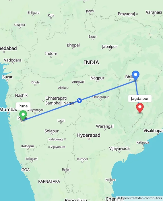 Route map showing distance and travel time from Pune, India to Jagdalpur, India