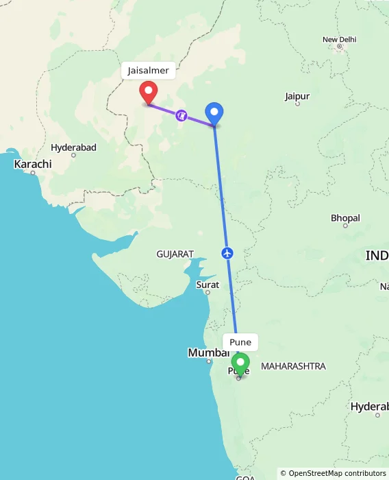Route map showing distance and travel time from Pune, India to Jaisalmer, India