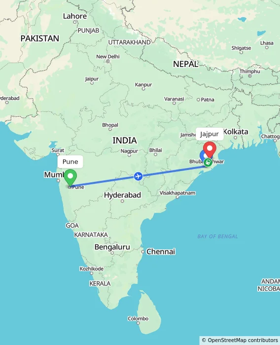Route map showing distance and travel time from Pune, India to Jajpur, India