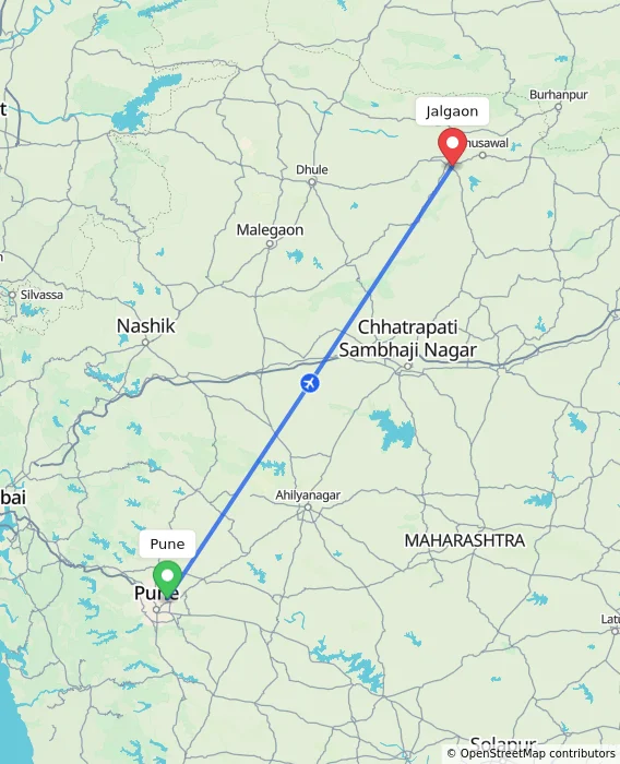Route map showing distance and travel time from Pune, India to Jalgaon, India