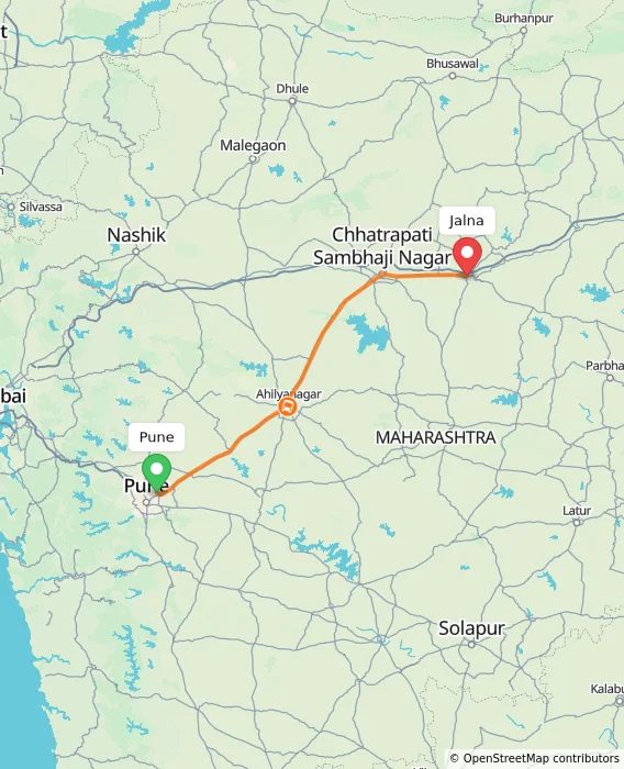 Route map showing distance and travel time from Pune, India to Jalna, India