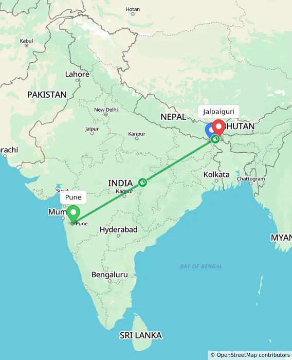 Route map showing distance and travel time from Pune, India to Jalpaiguri, India