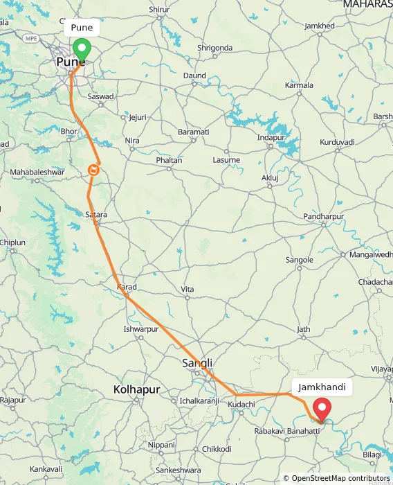 Route map showing distance and travel time from Pune, India to Jamkhandi, India