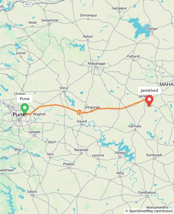 Route map showing distance and travel time from Pune, India to Jamkhed, India