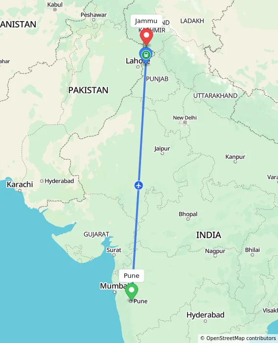 Route map showing distance and travel time from Pune, India to Jammu, India