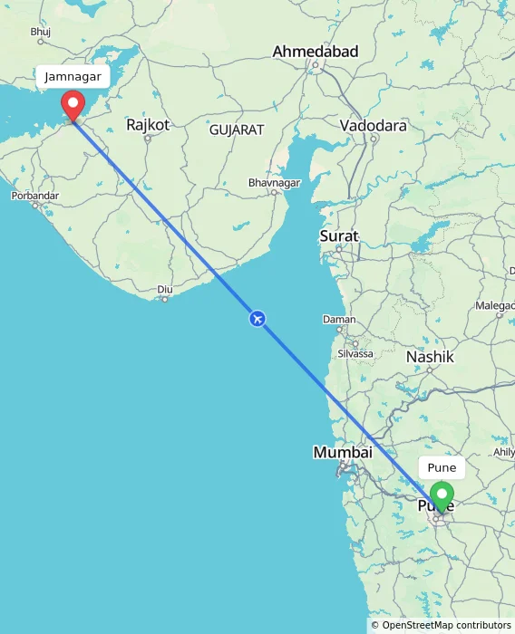 Route map showing distance and travel time from Pune, India to Jamnagar, India