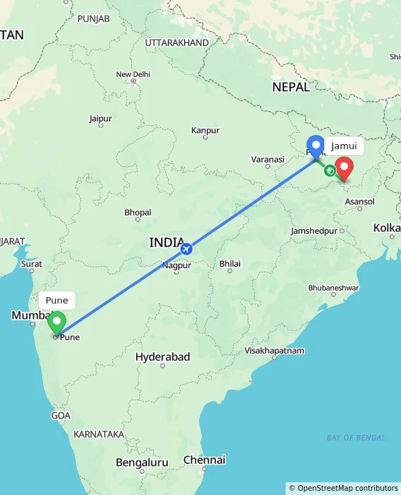 Route map showing distance and travel time from Pune, India to Jamui, India