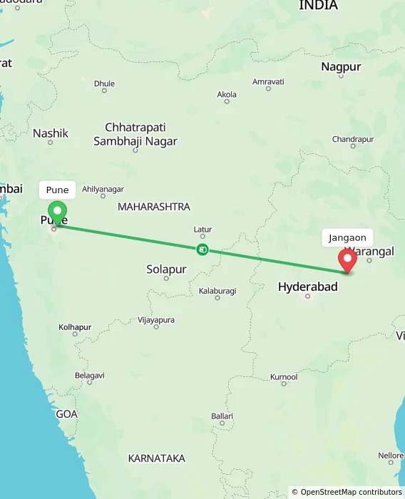 Route map showing distance and travel time from Pune, India to Jangaon, India