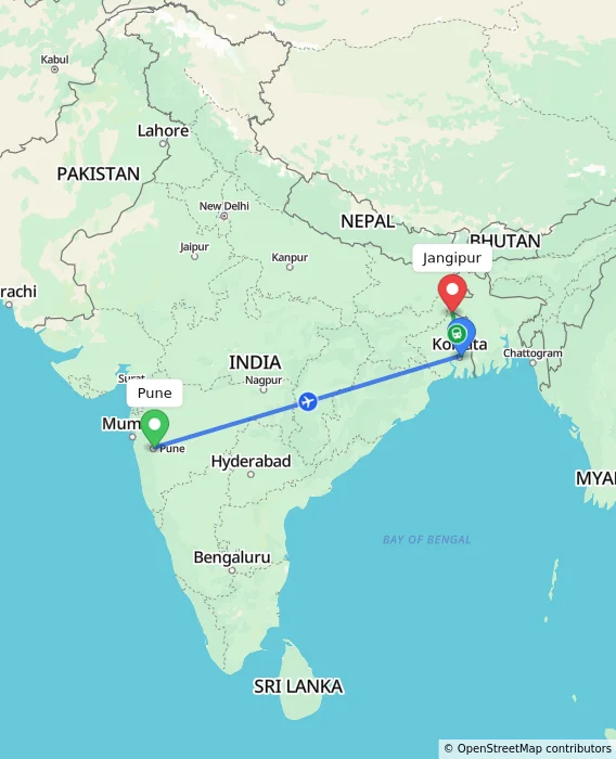 Route map showing distance and travel time from Pune, India to Jangipur, India