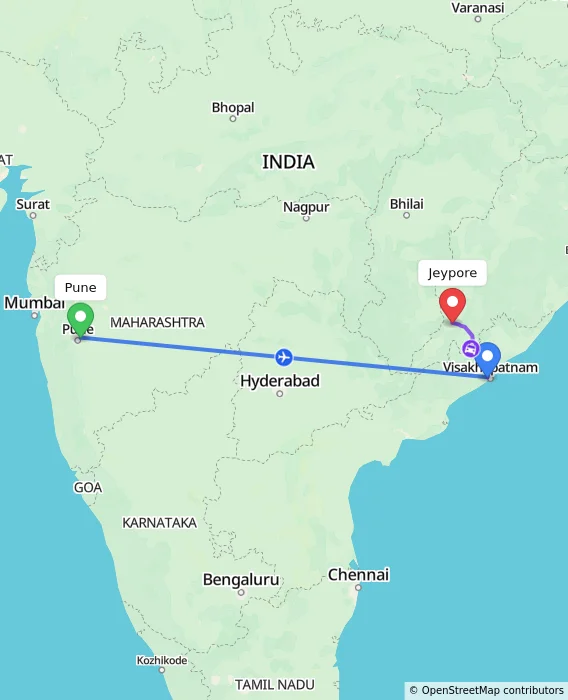 Route map showing distance and travel time from Pune, India to Jeypore, India