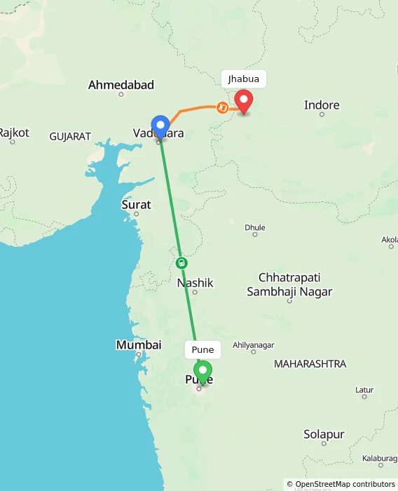 Route map showing distance and travel time from Pune, India to Jhabua, India