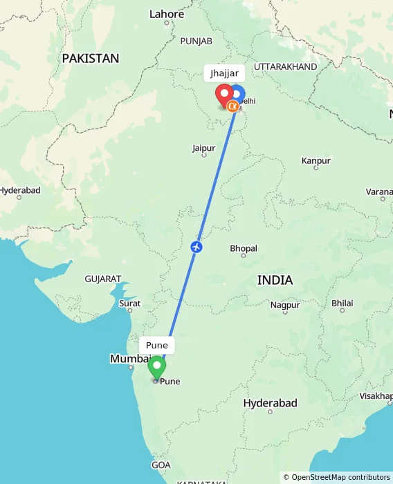 Route map showing distance and travel time from Pune, India to Jhajjar, India