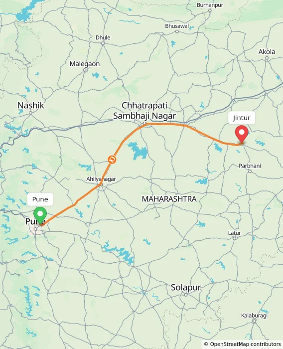 Route map showing distance and travel time from Pune, India to Jintur, India