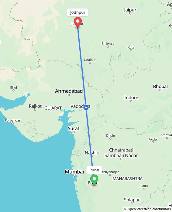Route map showing distance and travel time from Pune, India to Jodhpur, India