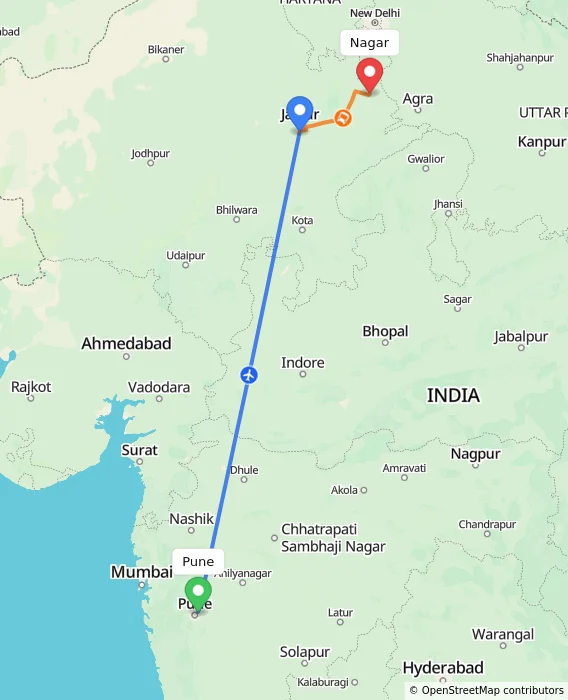 Route map showing distance and travel time from Pune, India to Nagar, India