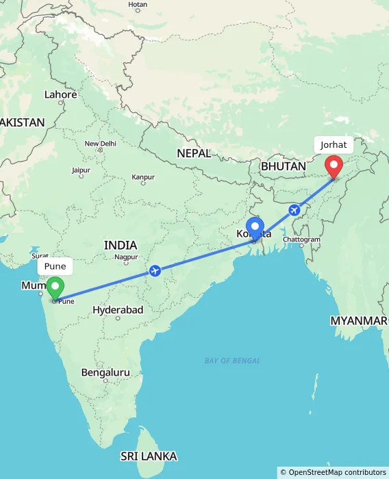 Route map showing distance and travel time from Pune, India to Jorhat, India