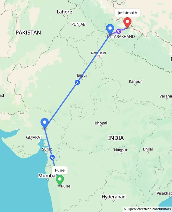Route map showing distance and travel time from Pune, India to Joshimath, India