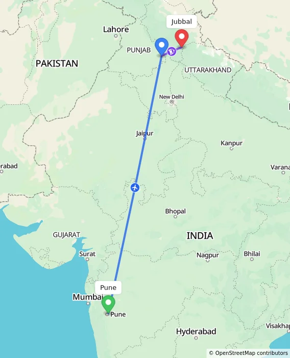 Route map showing distance and travel time from Pune, India to Jubbal, India