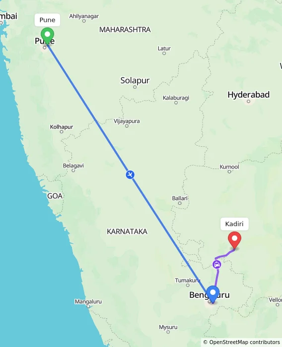 Route map showing distance and travel time from Pune, India to Kadiri, India
