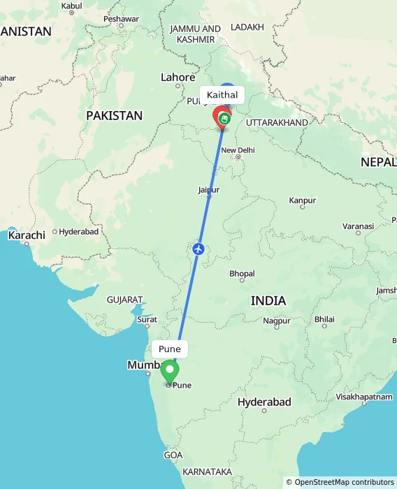 Route map showing distance and travel time from Pune, India to Kaithal, India
