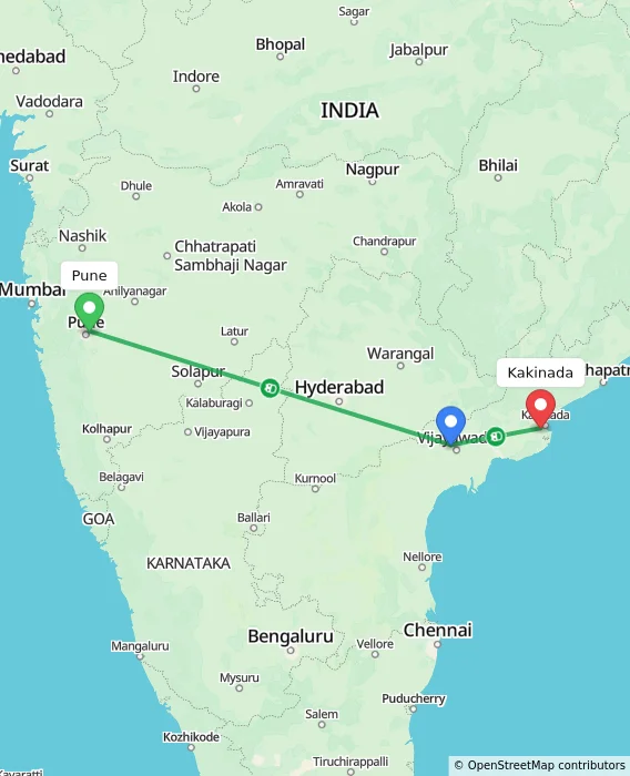 Route map showing distance and travel time from Pune, India to Kakinada, India