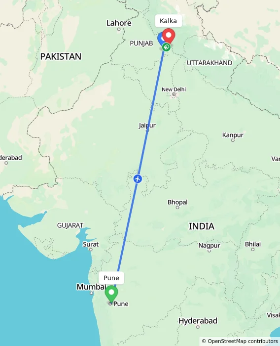 Route map showing distance and travel time from Pune, India to Kalka, India