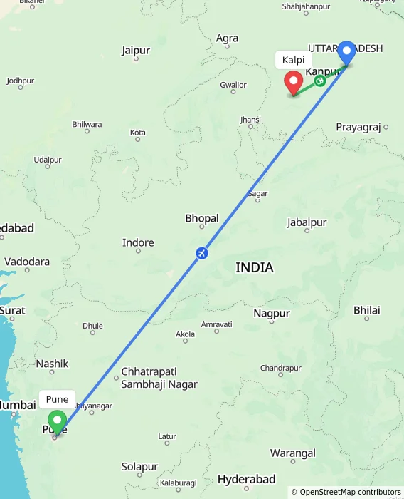 Route map showing distance and travel time from Pune, India to Kalpi, India