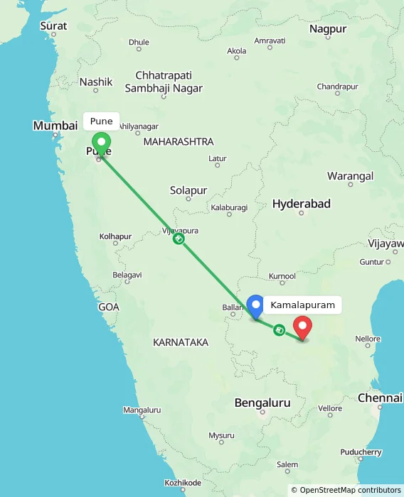 Route map showing distance and travel time from Pune, India to Kamalapuram, India