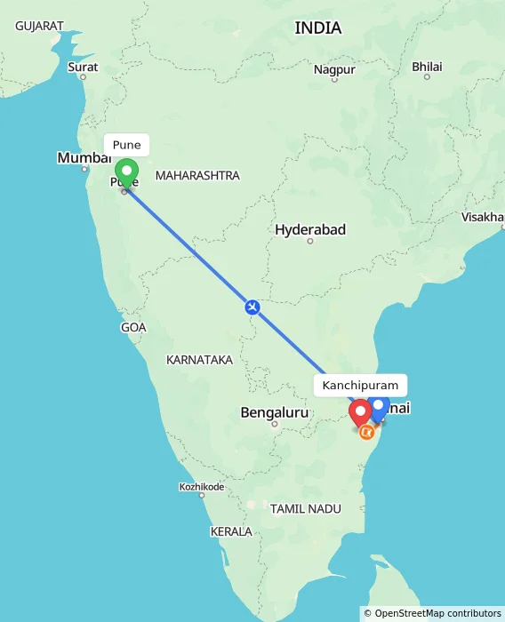 Route map showing distance and travel time from Pune, India to Kanchipuram, India