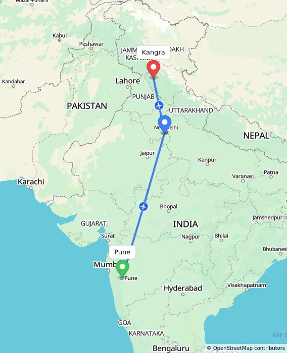 Route map showing distance and travel time from Pune, India to Kangra, India