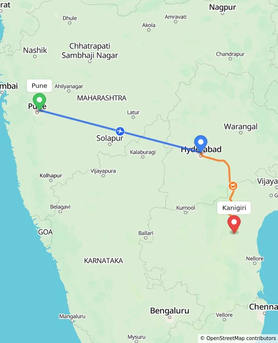 Route map showing distance and travel time from Pune, India to Kanigiri, India
