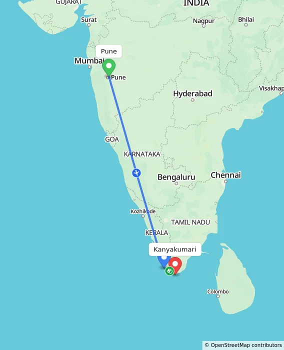 Route map showing distance and travel time from Pune, India to Kanyakumari, India