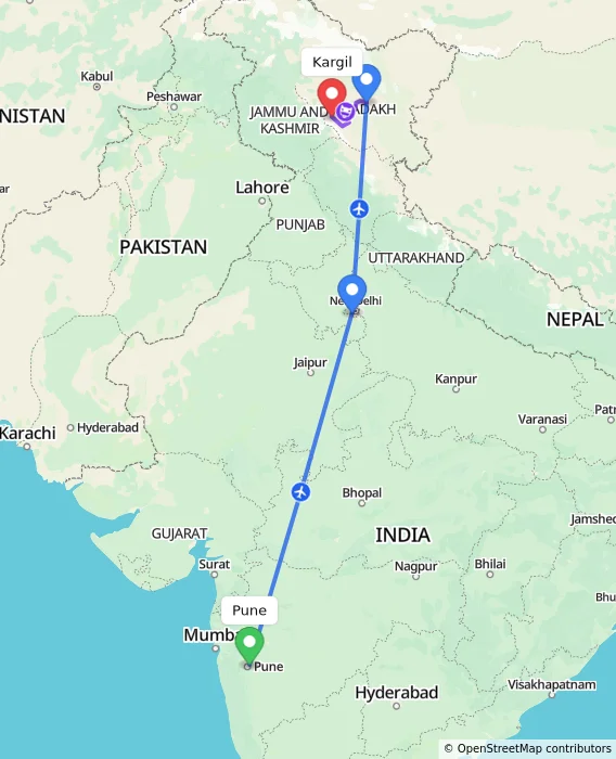 Route map showing distance and travel time from Pune, India to Kargil, India