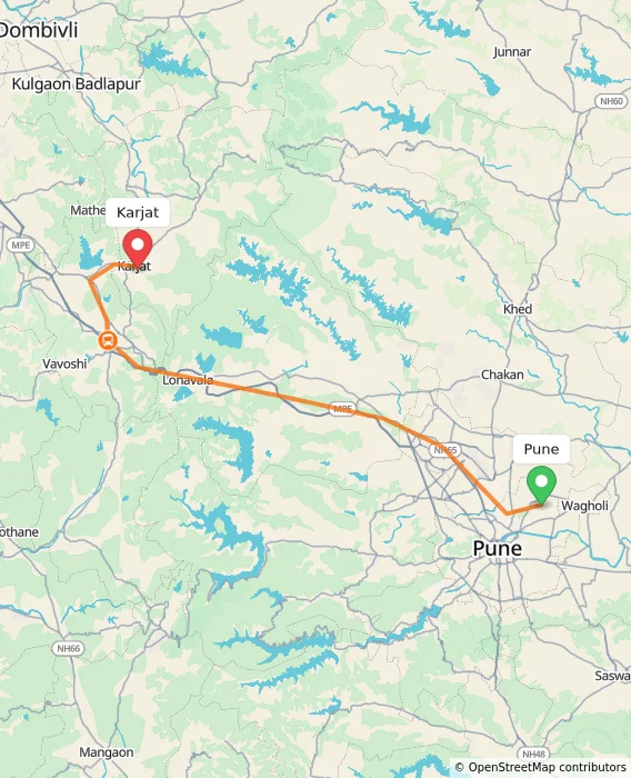 Route map showing distance and travel time from Pune, India to Karjat, India