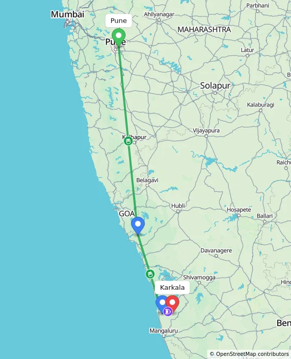 Route map showing distance and travel time from Pune, India to Karkala, India