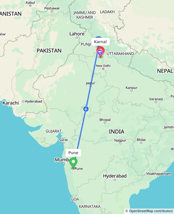 Route map showing distance and travel time from Pune, India to Karnal, India