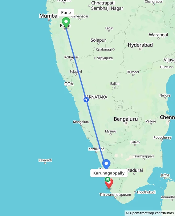 Route map showing distance and travel time from Pune, India to Karunagappally, India