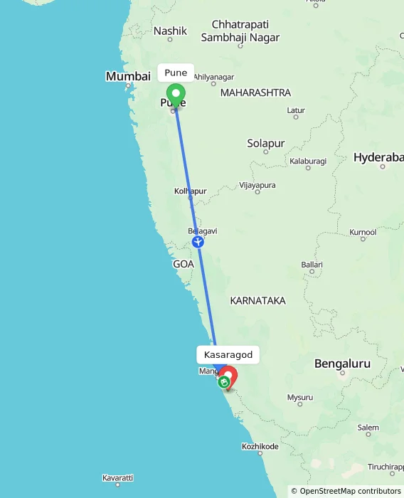 Route map showing distance and travel time from Pune, India to Kasaragod, India
