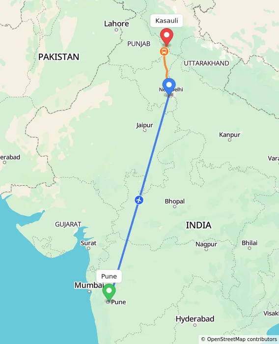 Route map showing distance and travel time from Pune, India to Kasauli, India