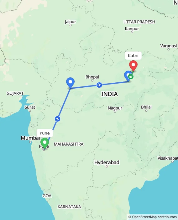 Route map showing distance and travel time from Pune, India to Katni, India