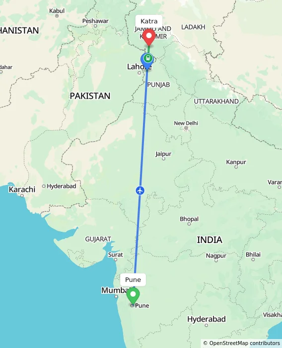 Route map showing distance and travel time from Pune, India to Katra, India