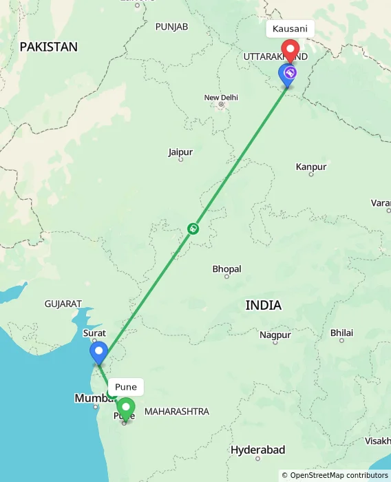 Route map showing distance and travel time from Pune, India to Kausani, India